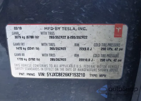 2019 Tesla Model X z USA, uszkodzony, nr VIN 5YJXCBE26KF153210